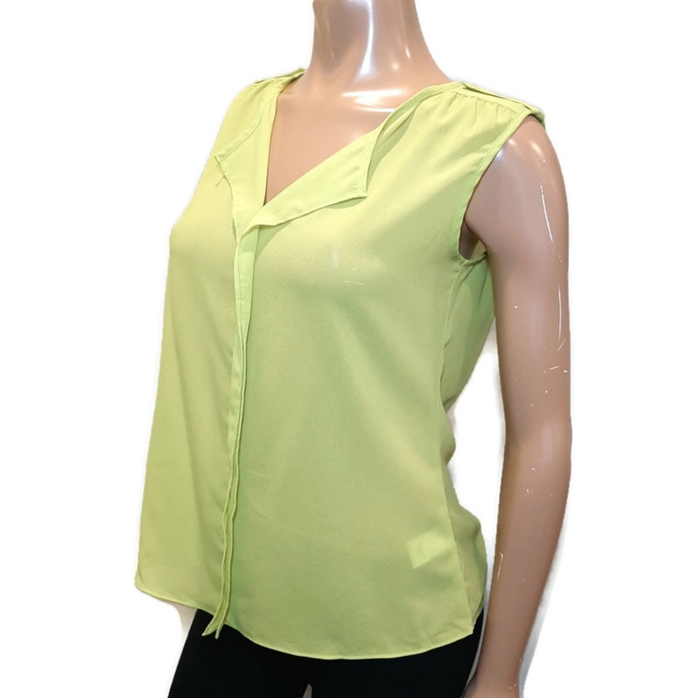 BANANA REPUBLIC Sheer Sleeveless Citrus Lime Blouse Flowy Button Tab Top Medium